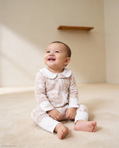 Bébé assis, qui porte une combi-pyjama collection Marron Shayane.