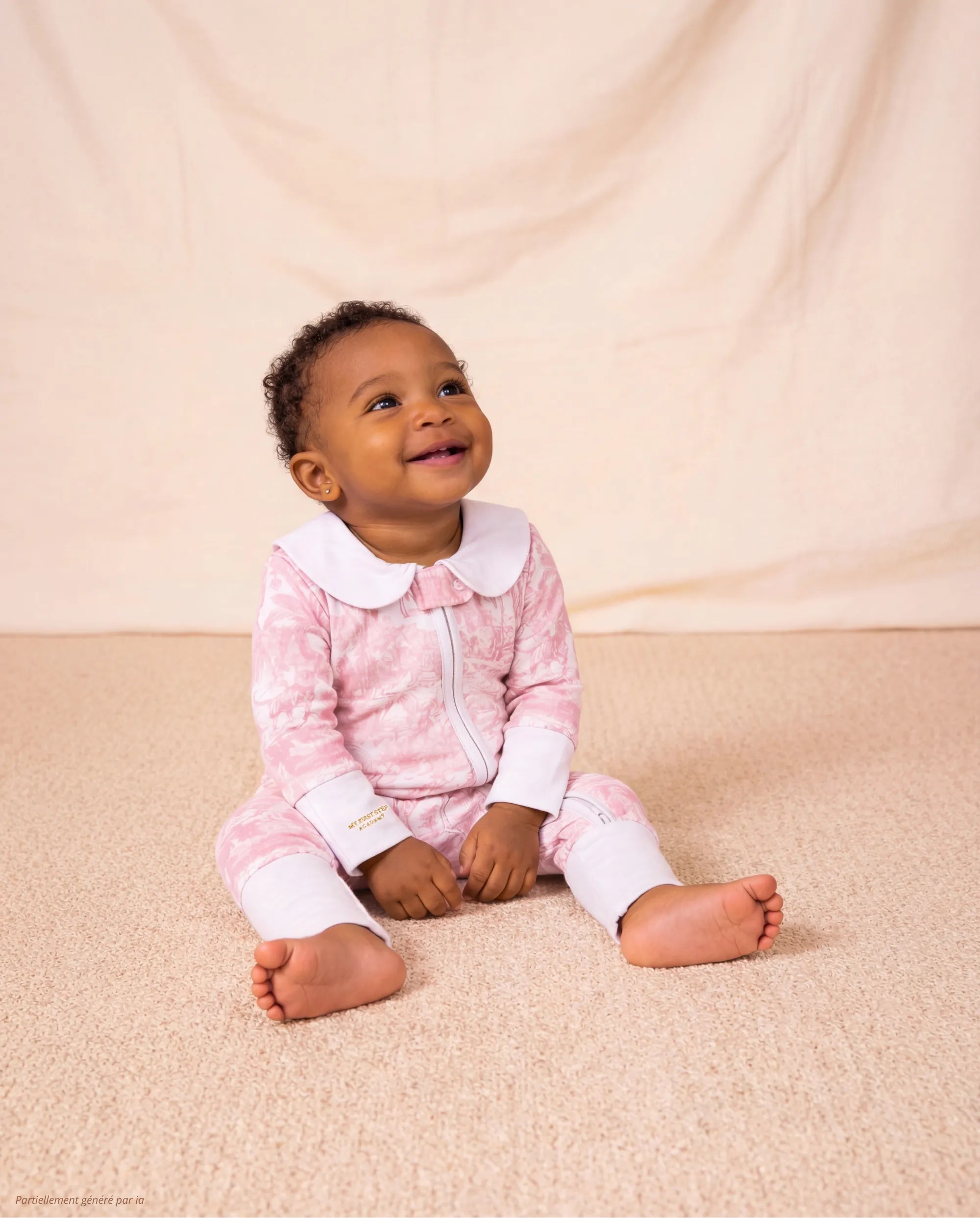 Bébé assis, qui porte une combi-pyjama collection Rose Shayane.