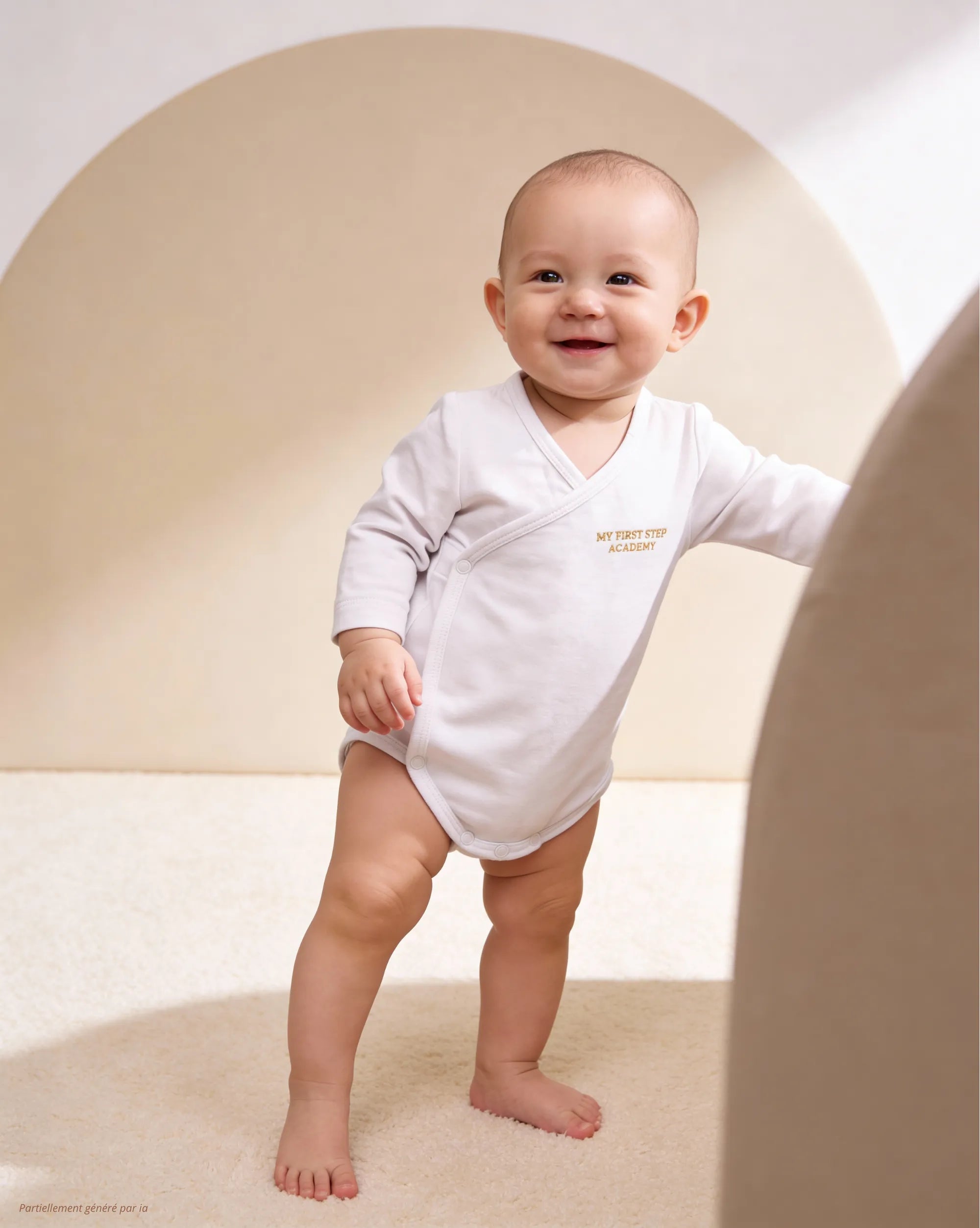 Bébé debout, portant un Bodies Blanc Neige.