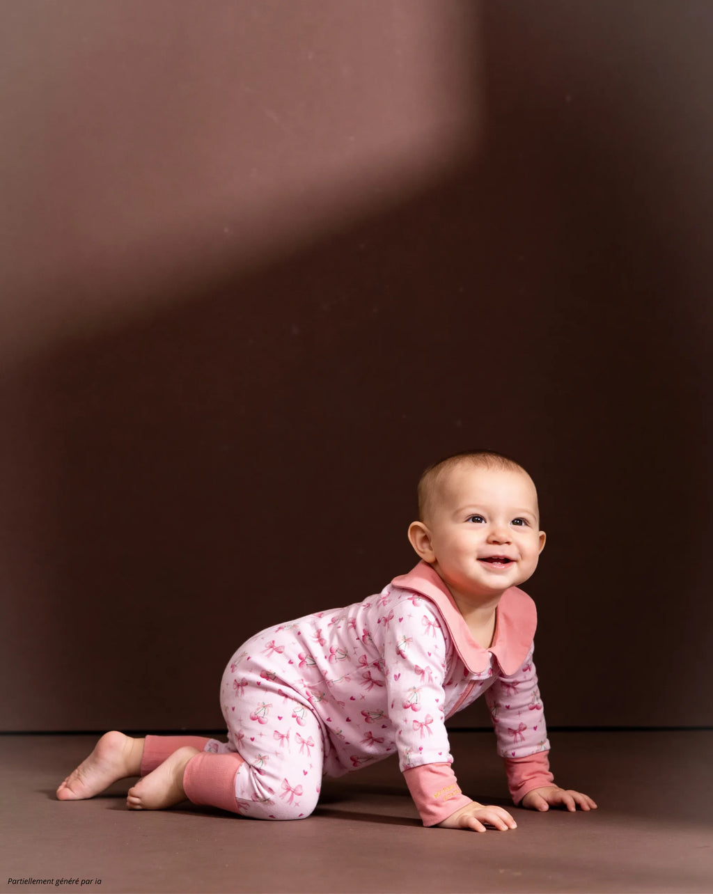 Bébé a quatre pate, qui porte une combi-pyjama collection Meringue Coquette.