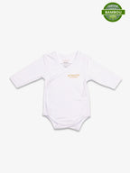 Bodies Blanc Neige avec logo My First Step Academy. En haut a droite se trouve la pastille de certification viscose de bambou.