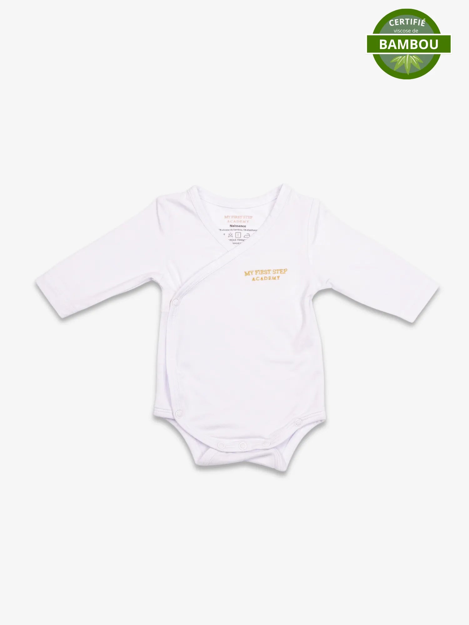 Bodies Blanc Neige avec logo My First Step Academy. En haut a droite se trouve la pastille de certification viscose de bambou.