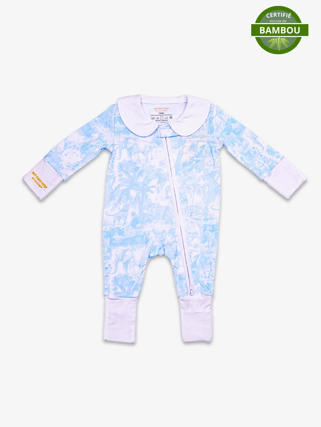 Image de la Combi-pyjama Bleu Shayane. En haut a droite se trouve la pastille de certification viscose de bambou.