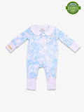 Image de la Combi-pyjama Bleu Shayane. En haut a droite se trouve la pastille de certification viscose de bambou.