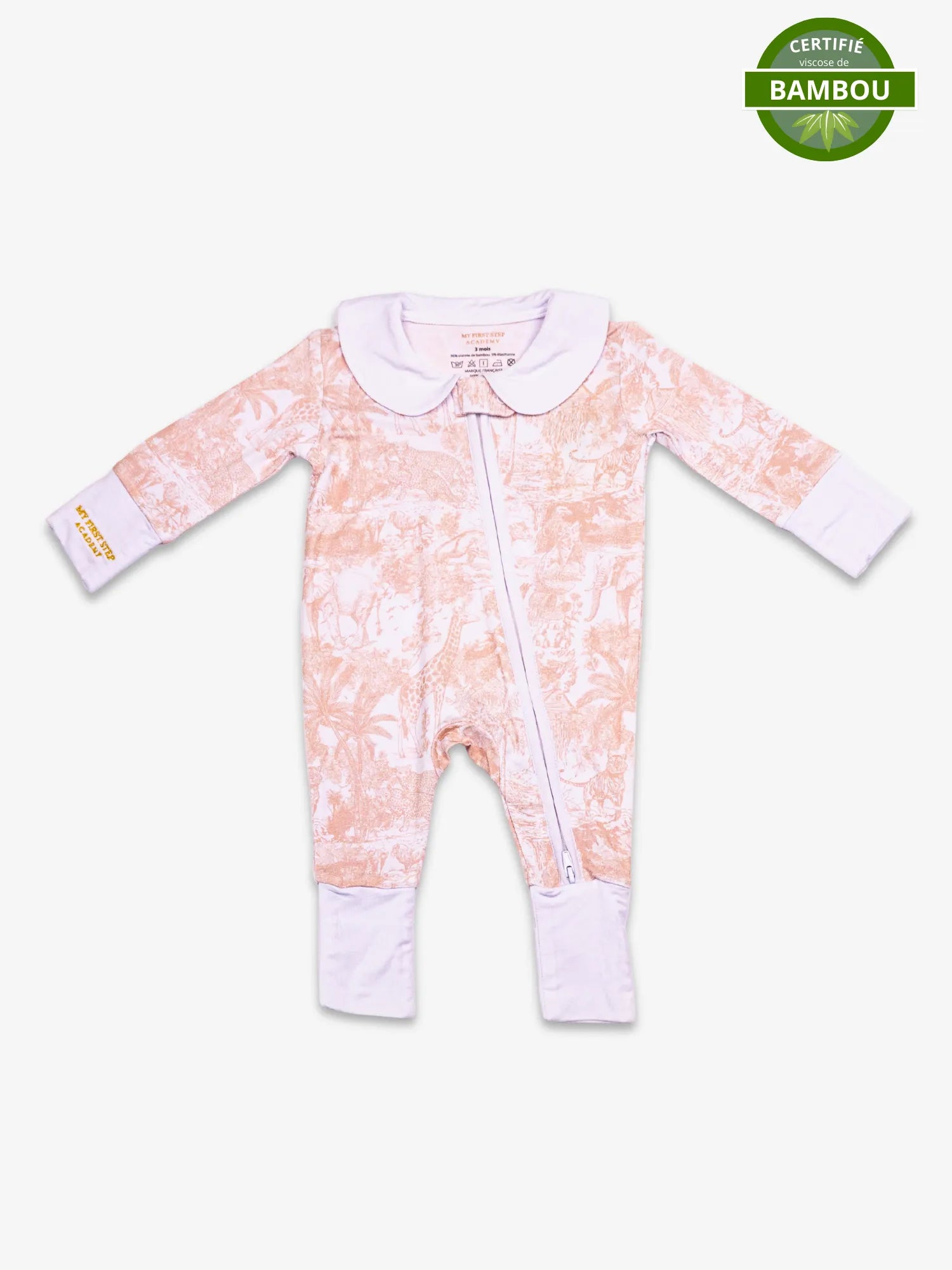 Image de la Combi-pyjama Marron Shayane. En haut a droite se trouve la pastille de certification viscose de bambou.