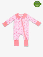 Image de la Combi-pyjama Meringue Coquette. En haut a droite se trouve la pastille de certification viscose de bambou.