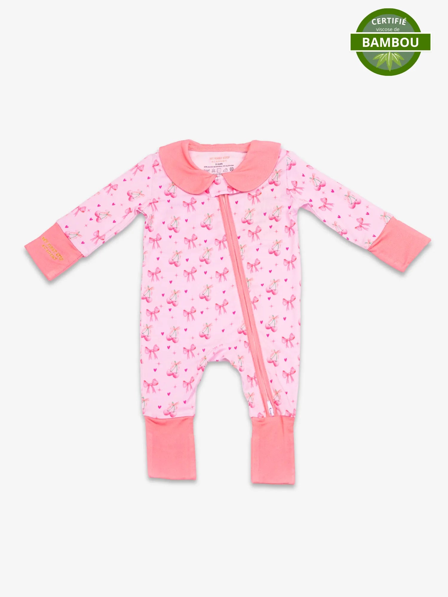 Image de la Combi-pyjama Meringue Coquette. En haut a droite se trouve la pastille de certification viscose de bambou.