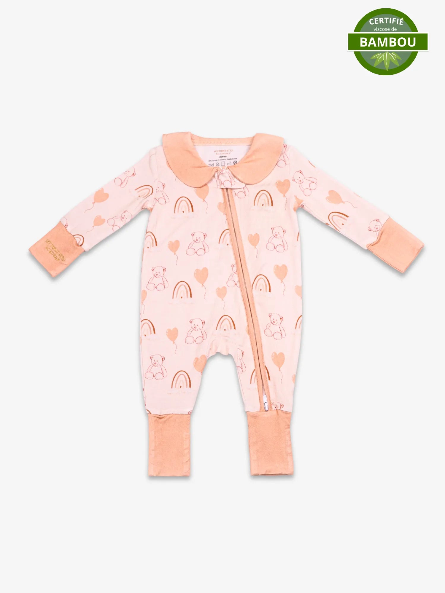 Image de la Combi-pyjama Nuage Moka. En haut a droite se trouve la pastille de certification viscose de bambou.