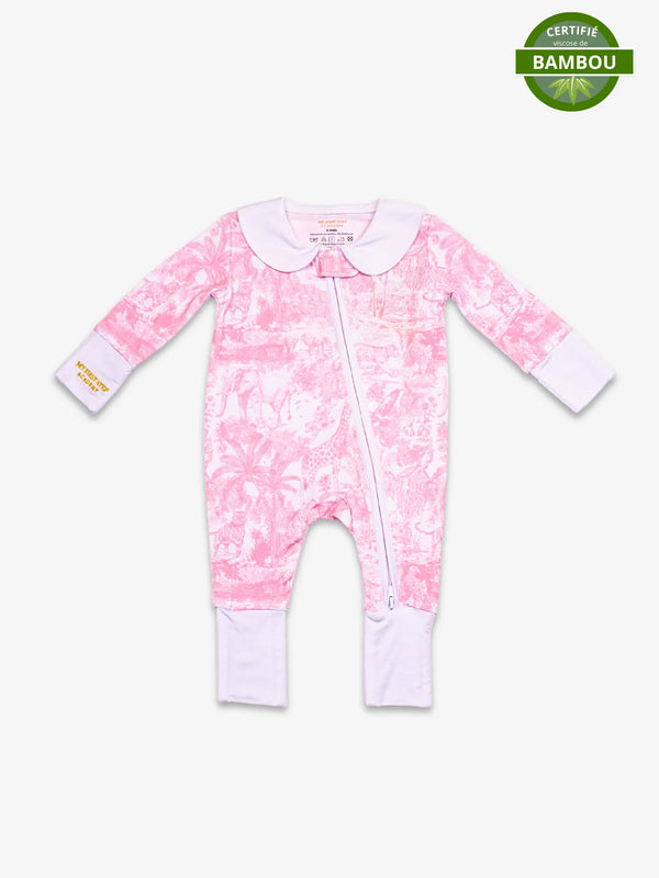 Image de la Combi-pyjama Rose Shayane. En haut a droite se trouve la pastille de certification viscose de bambou.