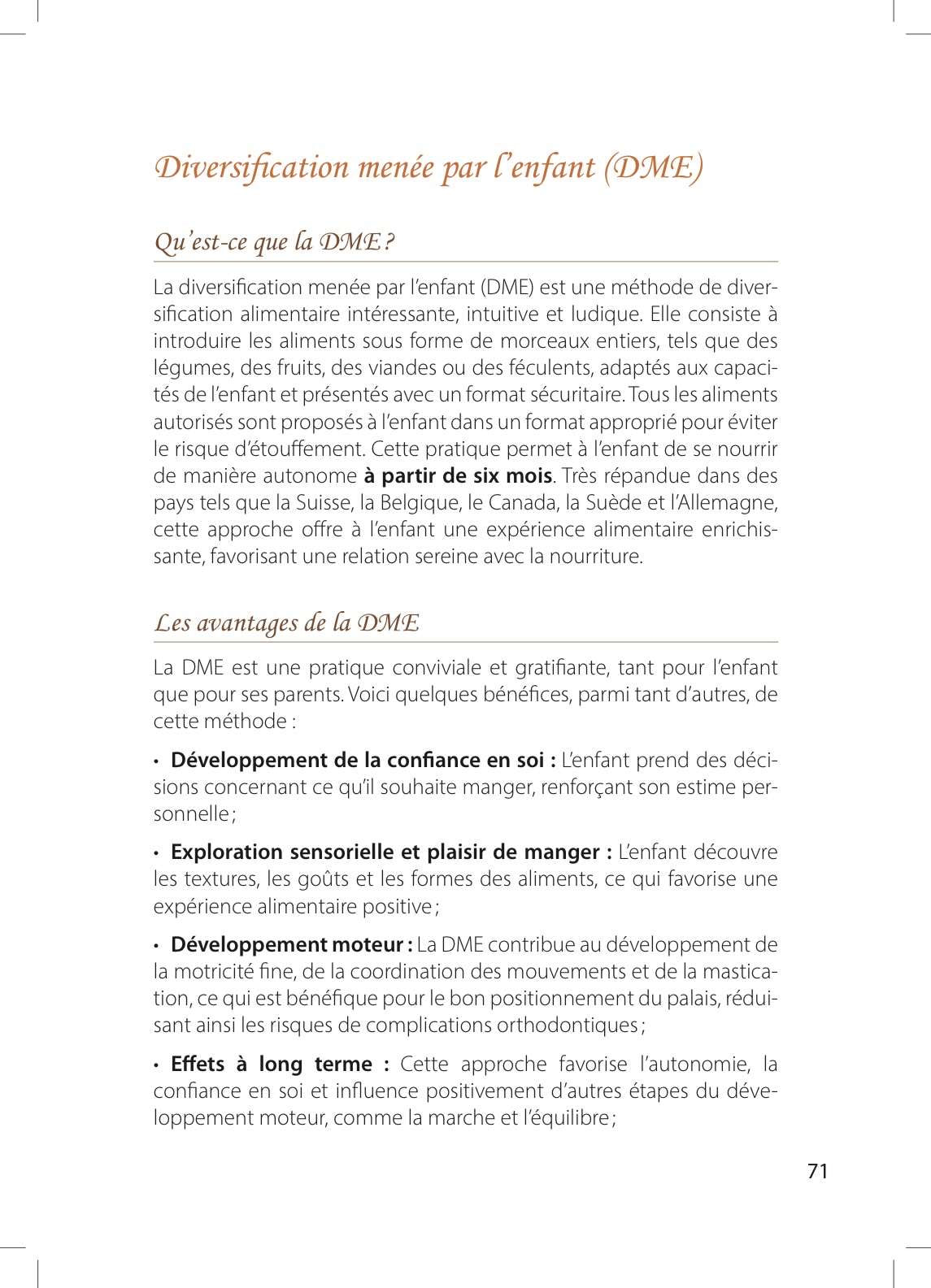 Page numéro 71 du E-BOOK "Petites assiettes, grandes leçons". Rédigé par Louana Becker fondatrice de My First Step Academy.