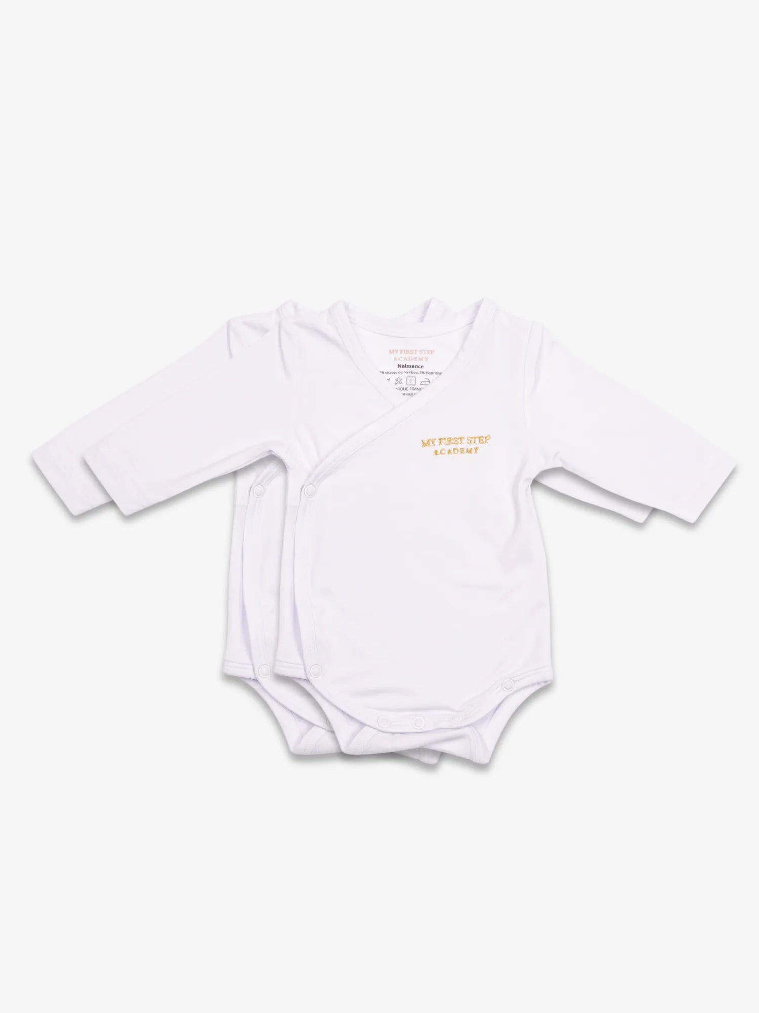 Bodies Blanc Neige avec logo My First Step Academy. Lot de 2.