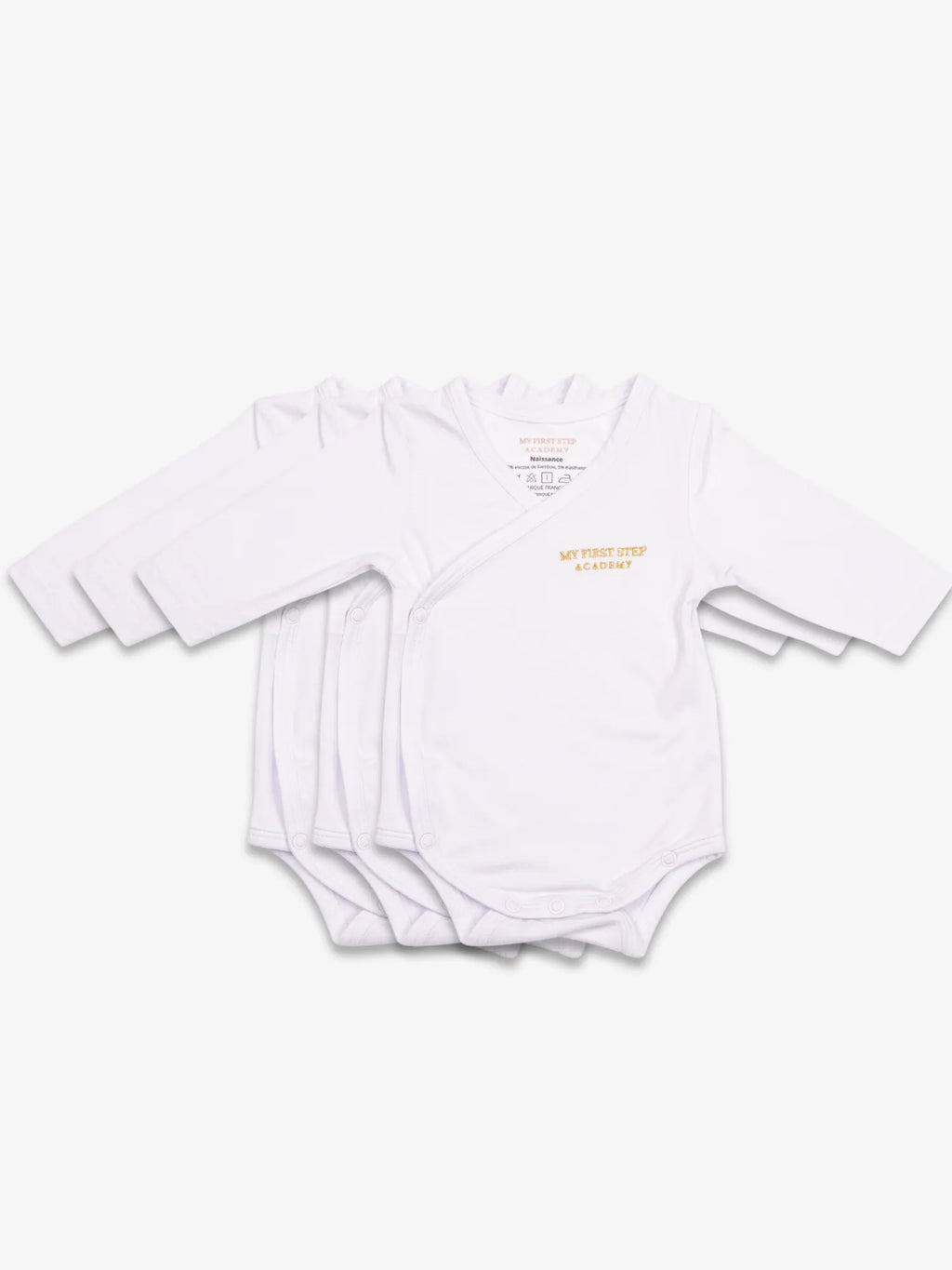 Bodies Blanc Neige avec logo My First Step Academy. Lot de 3.