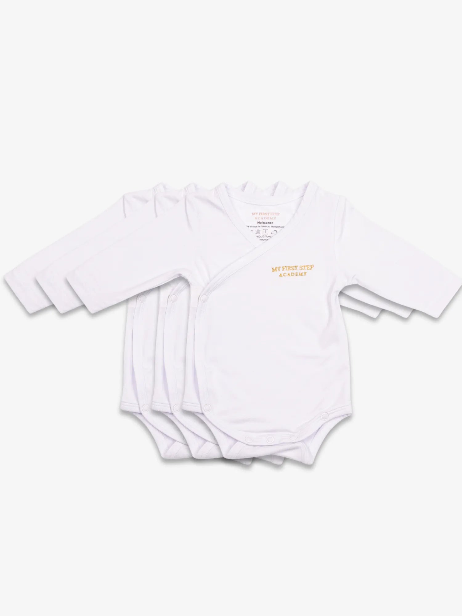 Bodies Blanc Neige avec logo My First Step Academy. Lot de 3.