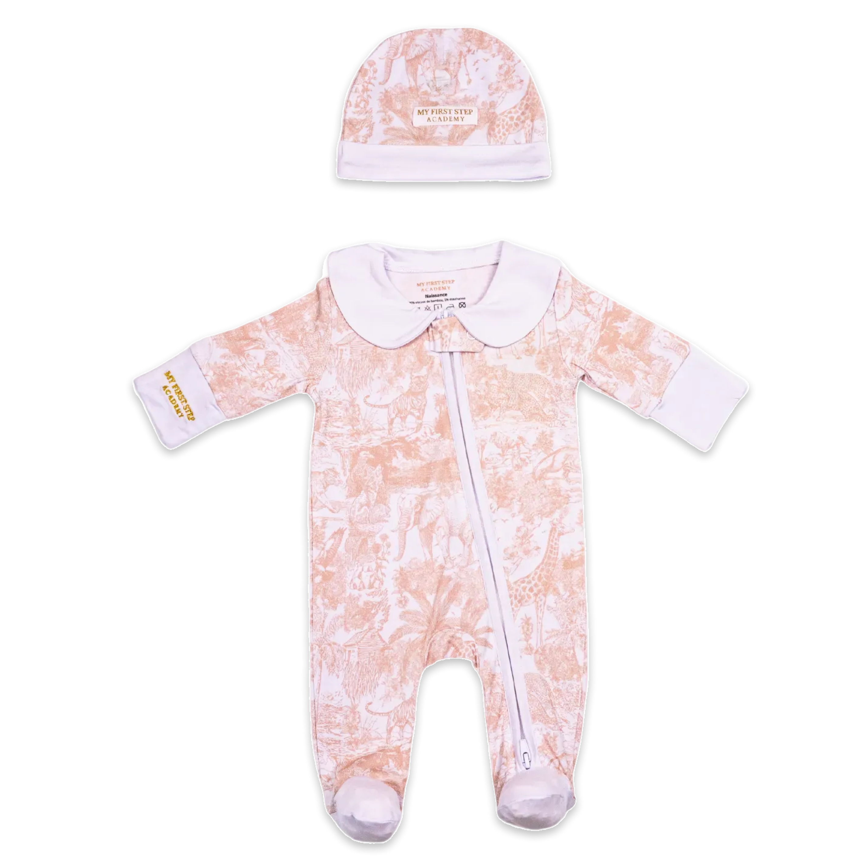 Image du pyjama taille naissance collection Marron Shayane, avec bonnet. 
