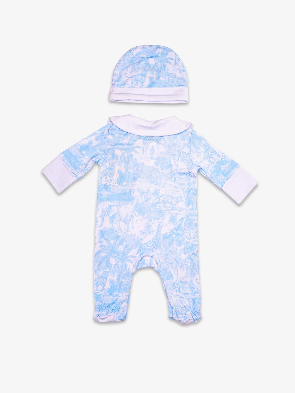 Pyjama Bleu Shayane vue arrière. Avec bonnet. Taille naissance.