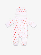 Pyjama Coeur de Cerise vue arrière. Avec bonnet. Taille naissance.