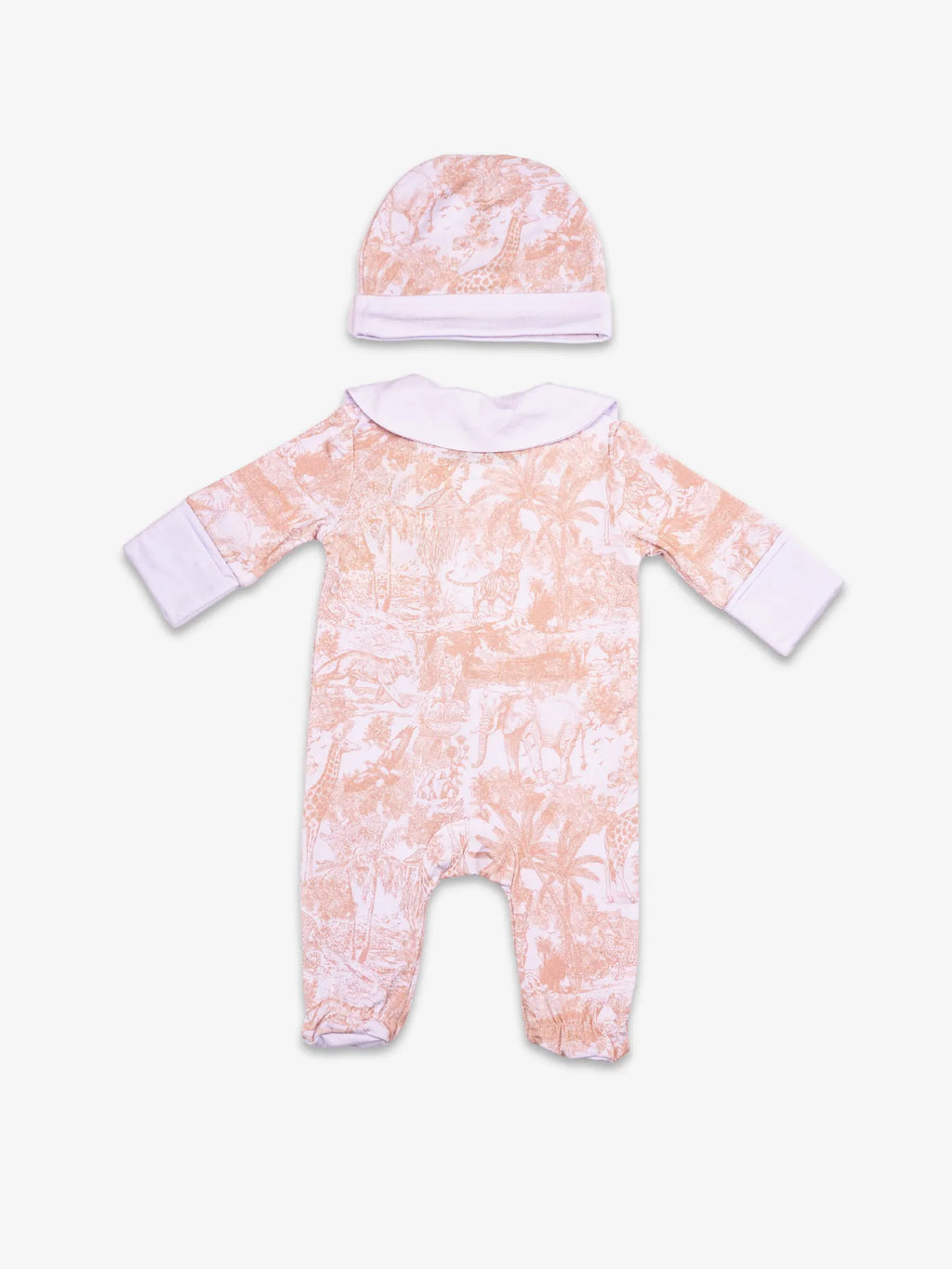 Pyjama Marron Shayane vue arrière. Avec bonnet. Taille naissance.