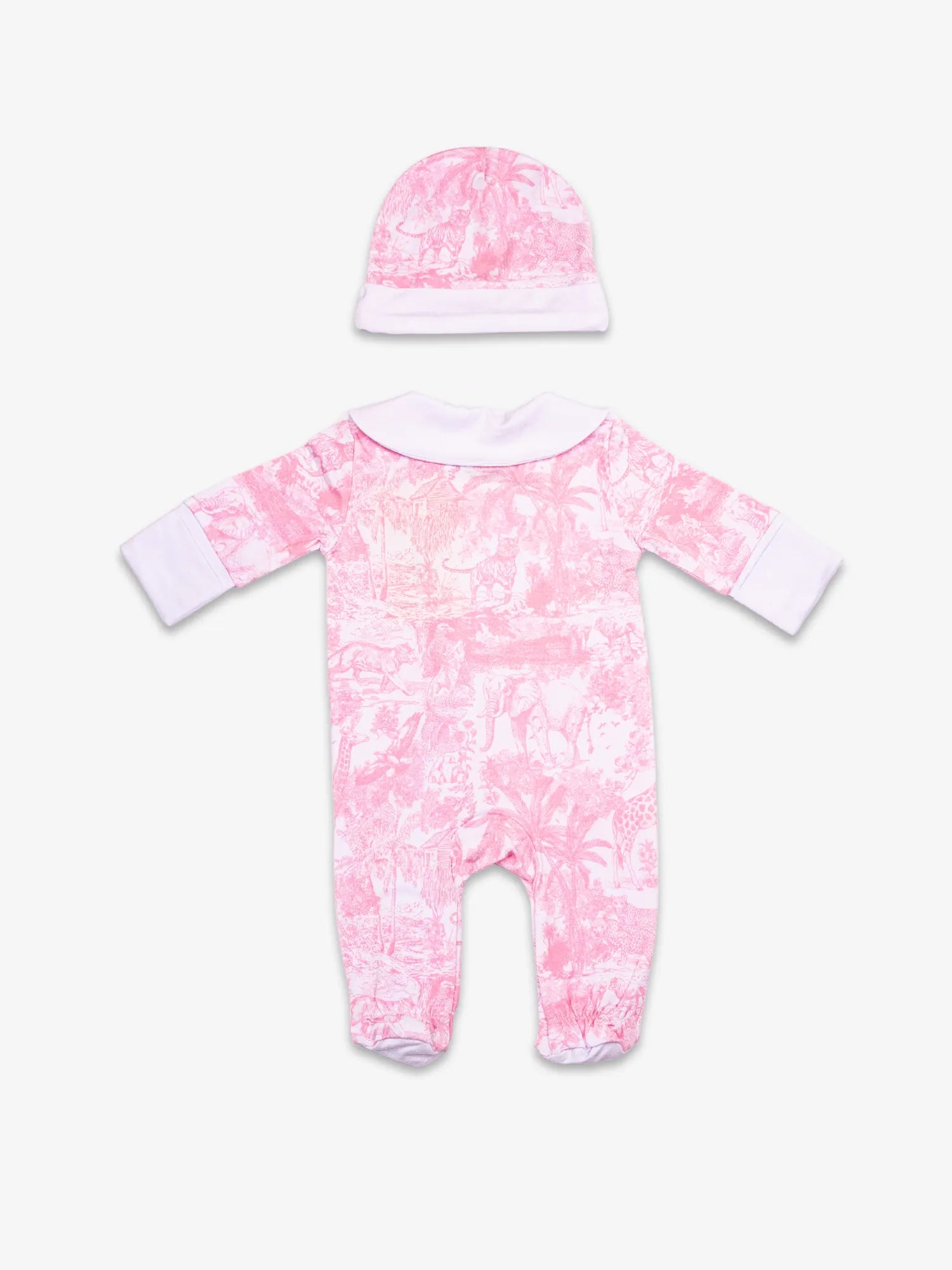 Pyjama Rose Shayane vue arrière. Avec bonnet. Taille naissance.